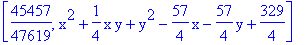 [45457/47619, x^2+1/4*x*y+y^2-57/4*x-57/4*y+329/4]